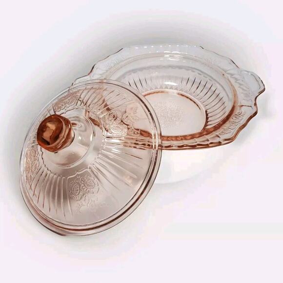 Vtg 1930s Anchor Hocking Rose Pink Depression Glass Mayfair Handled Covered Dish - Picture 2 of 10